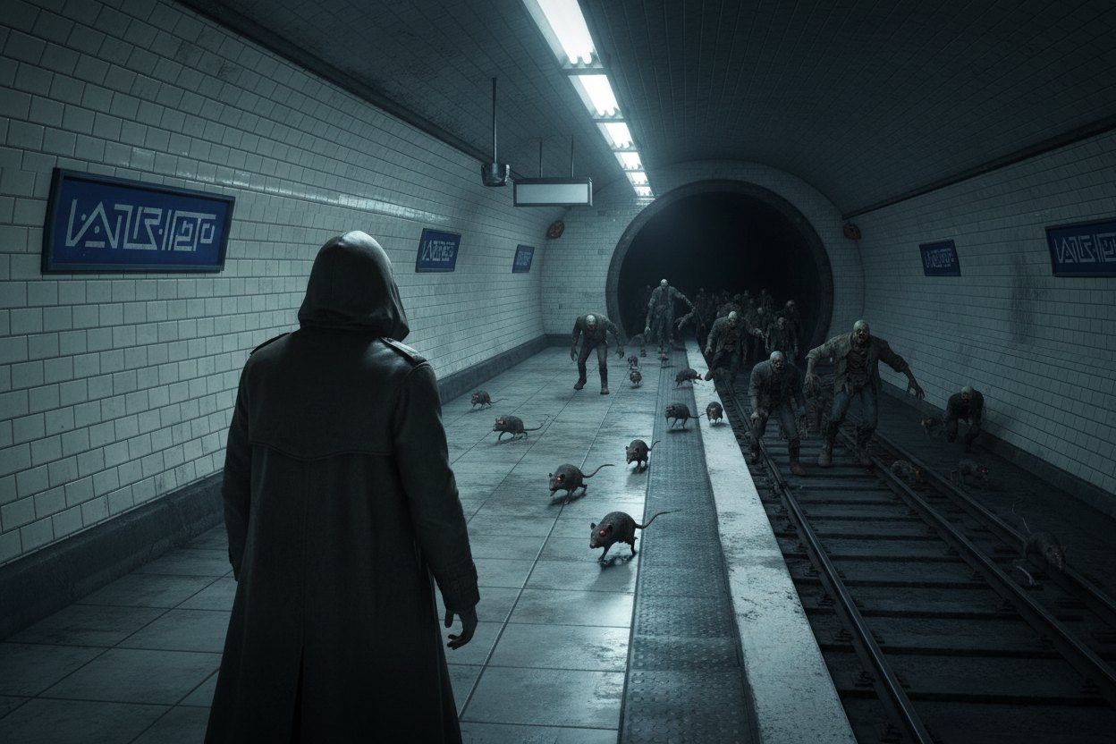 A Paris metro platform at night: cream tiles, blue enamel signs, and zombies climbing from the tracks toward a barricade